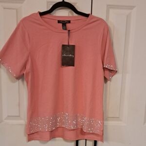A Love Story Chic Pink Short Sleeve Top with Glitter Accents